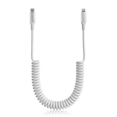 Afbeelding van Spiraalkabel USB C naar Lightning kabel, MFi gecertificeerd voor iPhone/iPad/iPod/Apple CarPlay, PD, 27 W, snel opladen met gegevensoverdracht, iPhone oplaadkabel, kort, intrekbaar, wit