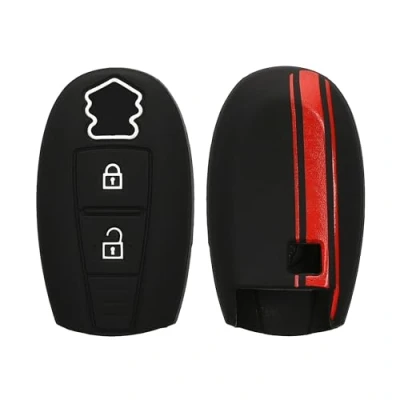 Afbeelding van kwmobile Autosleutel hoesje geschikt voor Suzuki Sport 2 knops Keyless Go behuizing in rood / zwart Rallystrepen design