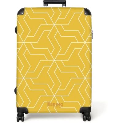 Afbeelding van NoBoringSuitcases.com® Koffer groot Reiskoffer lichtgewicht Gele achtergrond met witte lijnen Rolkoffer 4 wielen Grote trolley XL 98 liter bagage