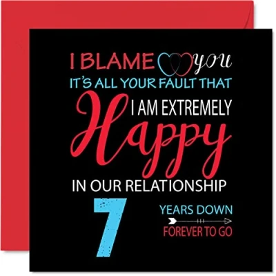 Afbeelding van Grappige koperen verjaardagskaart voor echtgenoot vrouw Your Fault I&#039;m Extremely Happy Gelukkige 7e huwelijksverjaardagskaart partner, 145 mm x wenskaarten zevende jubilea