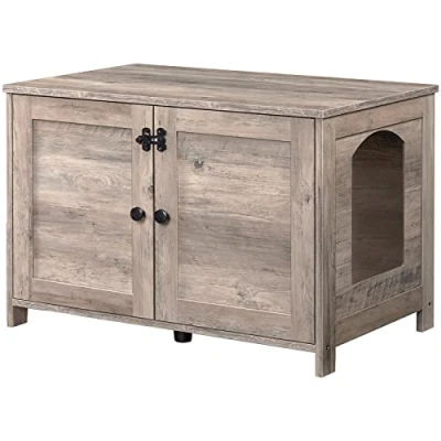 Afbeelding van HOOBRO EBG03MW01G1 Kattenkast, kattenbakkast, kattenhuis met deur en aparte scheidingswand, zitbank, opbergdoos voor kattenbakvulling, greige