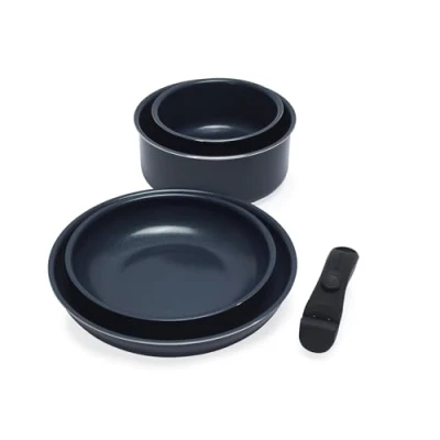 Afbeelding van Russell Hobbs RH03319EU7 Smart Clip Pot en Pan Set 5 delige keramische antiaanbakpannen steelpannen met afneembaar handvat, stapelbaar ontwerp, PFAS vrij, inductieovenbestendig, marine,