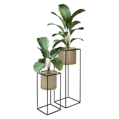 Afbeelding van Set van 2 bloemenstandaards met plantenbak 21x21x47/25x25x71 cm zwart/goud gemaakt staal ML Design