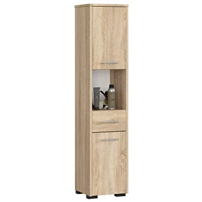 Afbeelding van AKORD Hoge badkamerkast, 2D1SZ1WN, 30 x 140 cm, gewicht 25 kg, 2 planken met deuren (boven en onder), 1 lade, open vak, als hangkast