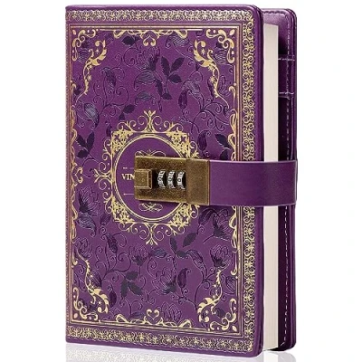 Afbeelding van Vintage lederen dagboek notitieboek met cijferslot, B6 reliëf bloem geheim gelijnd papier om te schrijven, cadeau voor vrouwen meisjes kinderen (paars)