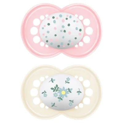 Afbeelding van MAM Originele fopspeen in set van 2 fopspenen maat 16+ maanden, speen SkinSoft siliconen, bio rond, met fopspeenzak, roze