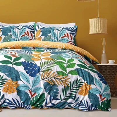 Afbeelding van Sleepdown Tropische palmboom bloemen multi helderheden, oker omkeerbaar, zacht, gemakkelijk te onderhouden dekbedovertrek quilt beddengoed set met kussensloop eenpersoons (135 cm x 200 cm)
