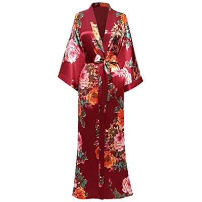Afbeelding van BABEYOND Damesochtendjas maxi, lange satijnen zomerkimono, bloemenpatroon, bedrukte badjas, pyjamaparty, One size