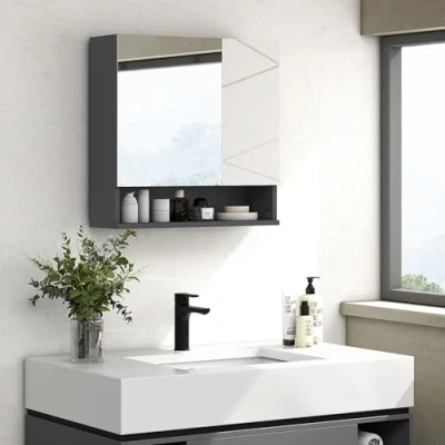 Afbeelding van kleankin Spiegelschrank Bad, Badezimmerschrank mit Spiegel, Hängeschrank Verstellbar Ablage, Offenes Fach, Anti Beschlag Funktion, Wandschrank 55x17x55cm Grau