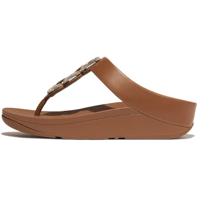 Afbeelding van FitFlop Fino Crystal Chain Leather Toe Post Sandals BRUIN Maat 38