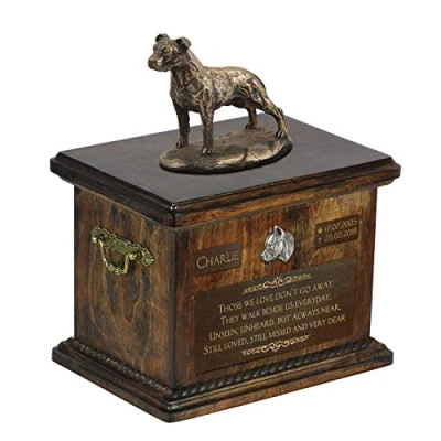 Afbeelding van Art Dog Custom Sitting Statue Memorial Urn Handgemaakt koud gegoten brons op berkenhouten voet 8,3x11,4x8,7 5l Amerikaanse Staffordshireterriër V