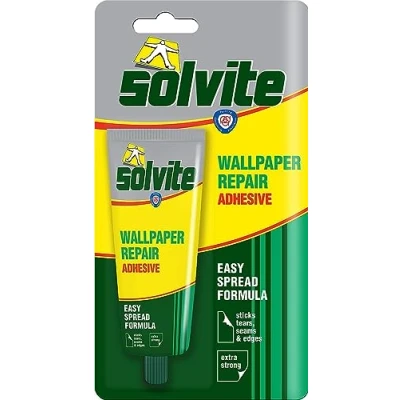 Afbeelding van Solvite Behangreparatielijm, behanglijm voor het bevestigen van scheuren, naden en randen, extra sterke lijm naadreparatie, gemakkelijk verspreide behanglijm, 1 x 56 g