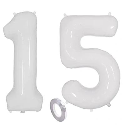 Afbeelding van verjaardagsdecoratie witte ballonnen cijfer 15e verjaardag decoratie meisjes jongens, cijfers ballon decoratie, 101 cm heliumballon 15 jaar meisje jongen