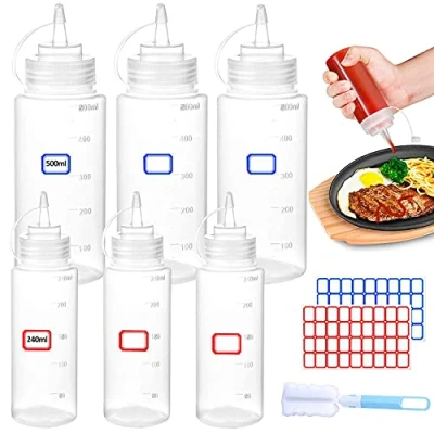 Afbeelding van YIYICO Squeeze Doseerfles, knijpfles met doppen, 240 ml/500 ml, 6 stuks, BPA vrij, voor druppels, cake, bakken, ketchup, scherpe, olijfolie, condimentflessen