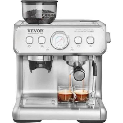 Afbeelding van VEVOR Espressomachine met molen, semi automatisch, espressomachine, 15 bar, melkopschuimer, afneembaar waterreservoir en manometer voor cappuccino, latte, machiato, PID besturingssysteem