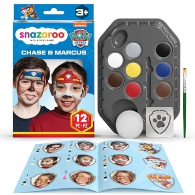 Afbeelding van Snazaroo 1172199 Paw Patrol Make up Set Chase &amp; Marshall 8 watergedragen gezichts en lichaamsverven met spons, kwast, sjabloon, instructies