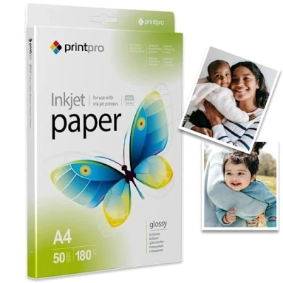 Afbeelding van PrintPro A4 fotopapier, glanzend, wit, ideaal voor inkjetprinters, water en droogbestendig, 180 g/m², A4, 50 vellen