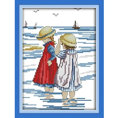 Afbeelding van Kruissteekkits gestempeld, OWN4B Sisters on The Beach bedrukt patroon 11CT 9,4 x 13,8 inch doe het zelf borduurpakket (zussen)