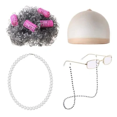 Afbeelding van YSJCHEBS 1 pruik, nethoed, bril met ketting, halsketting en 4 krulspelden, een set kostuums van oude dames, cosplay accessoires