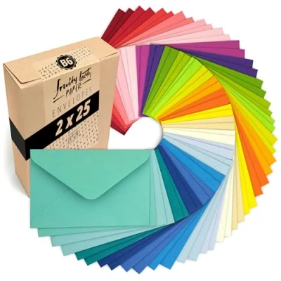 Afbeelding van Japun 50 gekleurde enveloppen in een set (2 x 25 kleuren) van papier, envelop zonder venster DIN B6 175 125 mm 120 g/m² kleurrijk