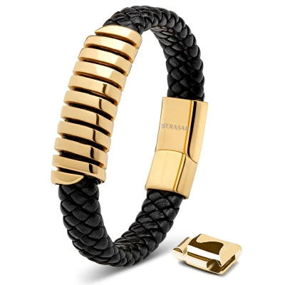 Afbeelding van SERASAR Lederen Armband Echte Mannen [Ring] Goud 23cm Manchet met Ring Cadeau