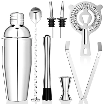Afbeelding van Newaner 750 ml Cocktailset, 8 stuks, roestvrijstalen shaker, mixer, professionele barkeeper accessoires, met dubbele maatbeker, lepel, stamper, voor het mengen van dranken, thuis, bar, feest (zilver)
