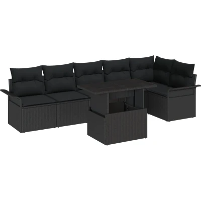 Afbeelding van vidaXL 7 delige tuinsofa set met kussens zwart poly rattan, 2 zits tuinbank opbergruimte &amp; rattan