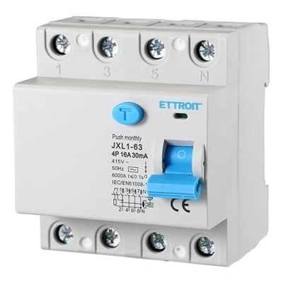 Afbeelding van Pure aardlekschakelaar, 4P 4 polig, 30 mA 6 kA 380 V, gebruikt DIN modules, RCCB 30mA C16 16 A