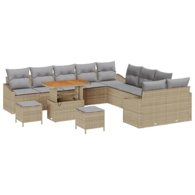 Afbeelding van vidaXL 13 Delige Tuin Sofa Set met Kussens Beige Poly Rattan Acacia, 2 Persoons Rattan, 3 Eettafel Acacia