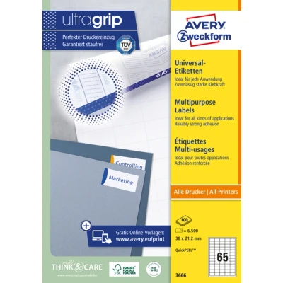 Afbeelding van Etiket Avery Zweckform 3666 38x21.2mm wit 6500stuks