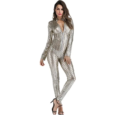 Afbeelding van Sexy Latex Catsuit Catwomen Glanzend Jumpsuit Zilver Wetlook Bodysuit