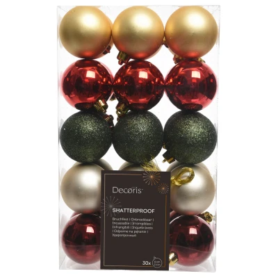 Afbeelding van Decoris Kerstballen Mix Kerstboomversiering Ø6 cm Goud Groen Rood 30 stuks 5 Assortiment