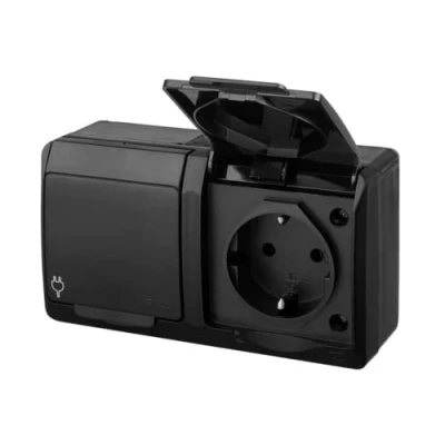 Afbeelding van asvendo Elektro HERMES moderne opbouwserie/lichtschakelaar/dubbele schakelaar/stopcontact meervoudig / IP44 waterdicht/buiten/zwart (2 voudig stekker)