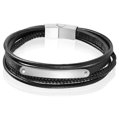 Afbeelding van Mendes Heren Armband Zwart Leer Edelstaal ID Graveerplaat Zilverkleurig 19cm