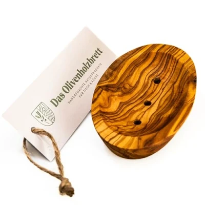 Afbeelding van DAS OLIVENHOLZBRETT® Zeepschaal van olijfhout met gaten/zeepbakje olijfhout/ovaal/11,5 cm