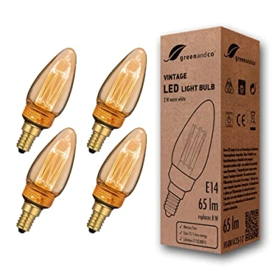 Afbeelding van 4x greenandco® Vintage Design LED lamp in retro stijl voor sfeerverlichting E14 C35 Edison lamp, 2W 65lm 1800K extra warm wit 320 230V flikkervrij, niet dimbaar