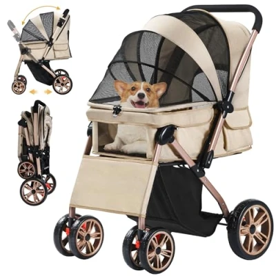 Afbeelding van DWVO Hondenbuggy 3 in 1 hondenbox, transporttas, opvouwbare kattenwagen, tot 22 kg, 360 slijtvaste EVA wielen, opbergmand, netramen, 58,5 x 76 105 cm, hondenwagen voor kleine honden, beige