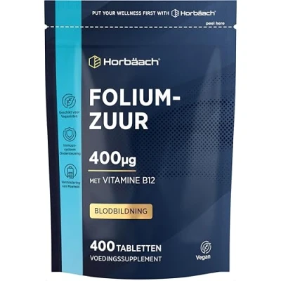 Afbeelding van Foliumzuur B12 405mcg 400 Vegane Tabletten voor een jaarlevering Prenatale Vitamine Hoog Gedoseerd Folic Acid Supplement Horbaach