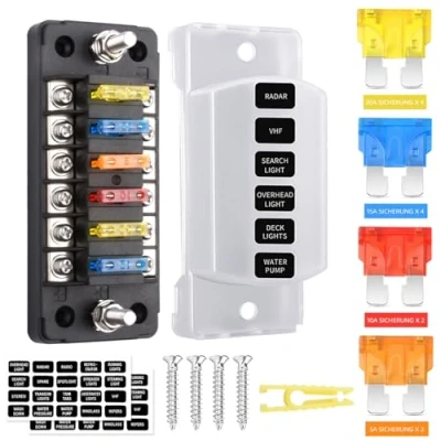 Afbeelding van zekeringhouder, 6 voudige 12 volt zekeringblok, ATC/ATO, zekeringkast, zekeringen, platte zekeringen zonder led display, positief negatief voor DC V/24 V, auto, vrachtwagen,