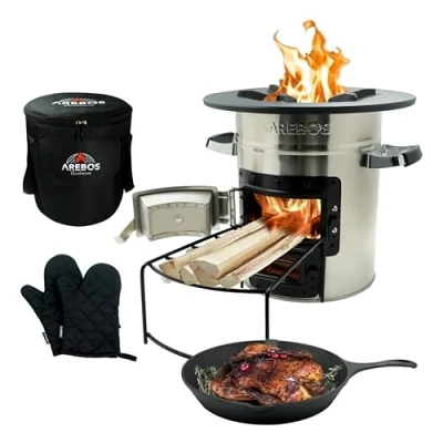Afbeelding van AREBOS Rocket Stove Camping Kachel met de Draagtas, Gietijzeren pan en Beschermende Handschoenen