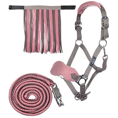 Afbeelding van HKM halster met gebreide paniek &amp; vliegenfranjes, mokka/melkachtig roze, pony