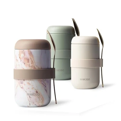 Afbeelding van MAMEIDO Thermische Voedselcontainer 500ml, houd voedsel warm, BPA vrij voor cornflakes, yoghurt, babyvoeding, pap, havermout, ijs en soep (Pearl Marble, 0,5l)