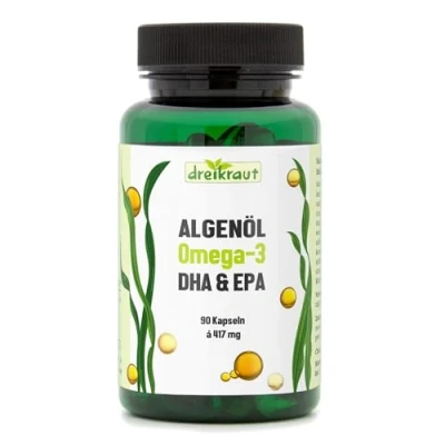 Afbeelding van Algenolie Omega 3, dreikraut DHA &amp; EPA, 90 veganistische capsules, maandverpakking, 1251 mg per dag, Duitse productie
