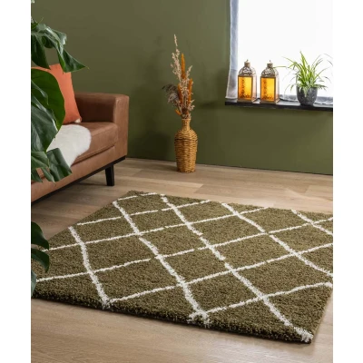 Afbeelding van Vierkant Hoogpolig Vloerkleed Ruiten Artisan Olijfgroen/wit 200x200 Cm