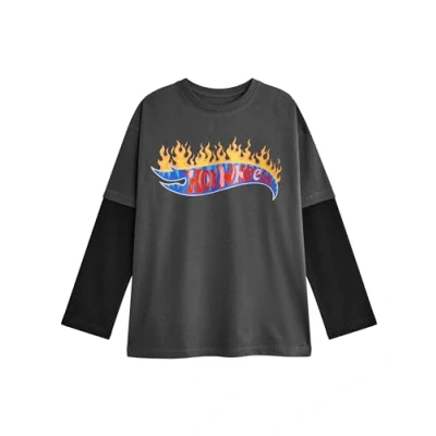 Afbeelding van Hot Wheels Jongens skatershirt met lange mouwen T shirt vlam logo graphics voor kinderen in grijs en zwart Iconische racewagenkleding top speelgoedauto verzamelaar merchandise cadeau,