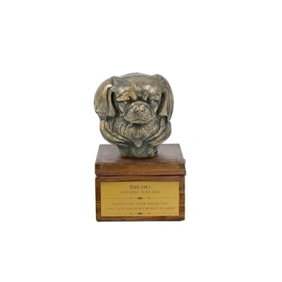 Afbeelding van Art Dog handgemaakte aangepaste hondenherdenkingsurn koudgegoten bronzen hondenkop op berkenbasis langdurige hondencrematiedoos 16x28x16cm Tibetaanse spaniël