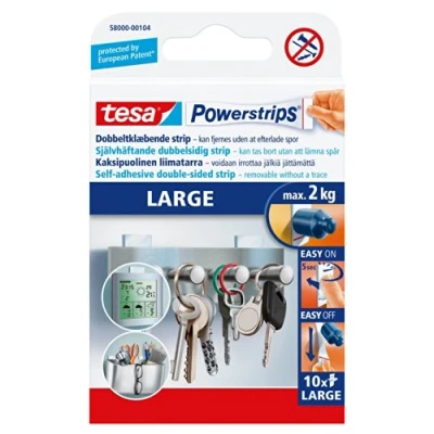 Afbeelding van tesa 58000 00104 02 Powerstrips grote, zelfklevende strips dubbelzijdige geschikt voor vlakke en gladde oppervlakken Houdt objecten tot 2 kg Pack van 10
