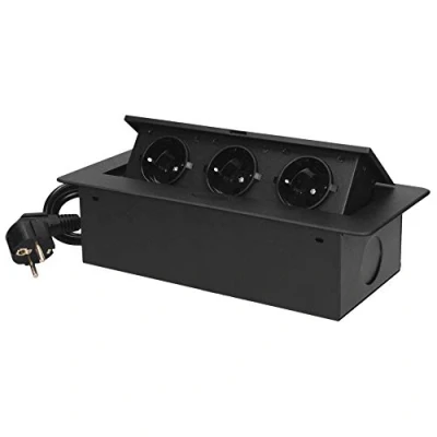 Afbeelding van Stekkerdoos met 3 stopcontacten Pop up Stekkerblok 1.5 meter kabel Inbouw Verdeelstekker RVS afwerking 230 Volt voor max. 3680 Watt Zwart