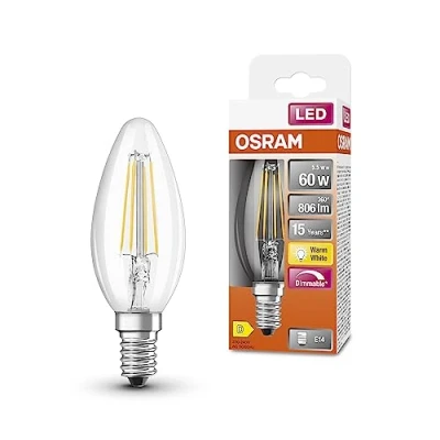 Afbeelding van OSRAM LED Superstar Classic B60 Dæmpbar lampe til E14 base, stearinlys, FIL, 806 Lumen, Warm White (2700K), udskiftning konventionelle 60W pærer, 6 pakning pakke