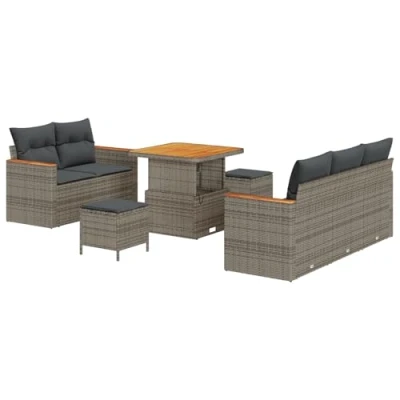 Afbeelding van vidaXL 8 delig Tuinbankstel met Kussens Grijs Poly Rattan Acacia, 3 Tuin Eetset Acacia